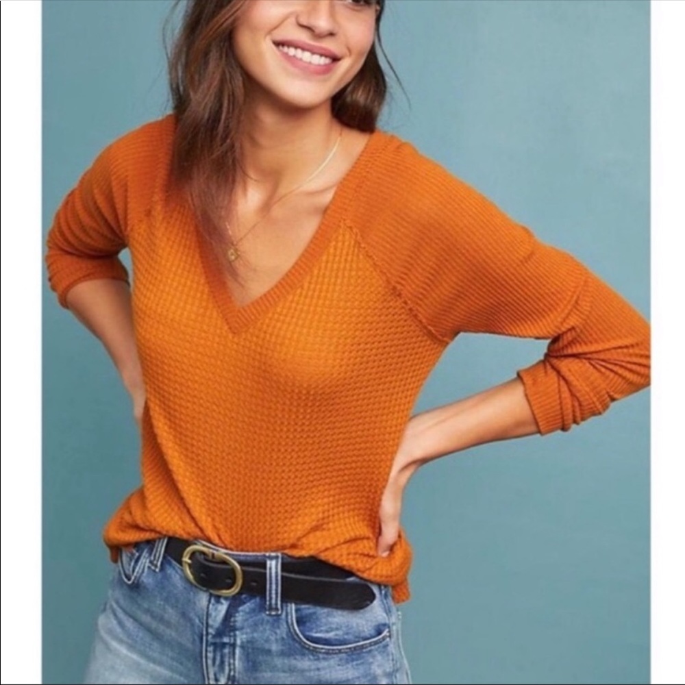 ANTHROPOLOGIE Maeve Fall Pumpkin Orange Waffle Thermal Top Small